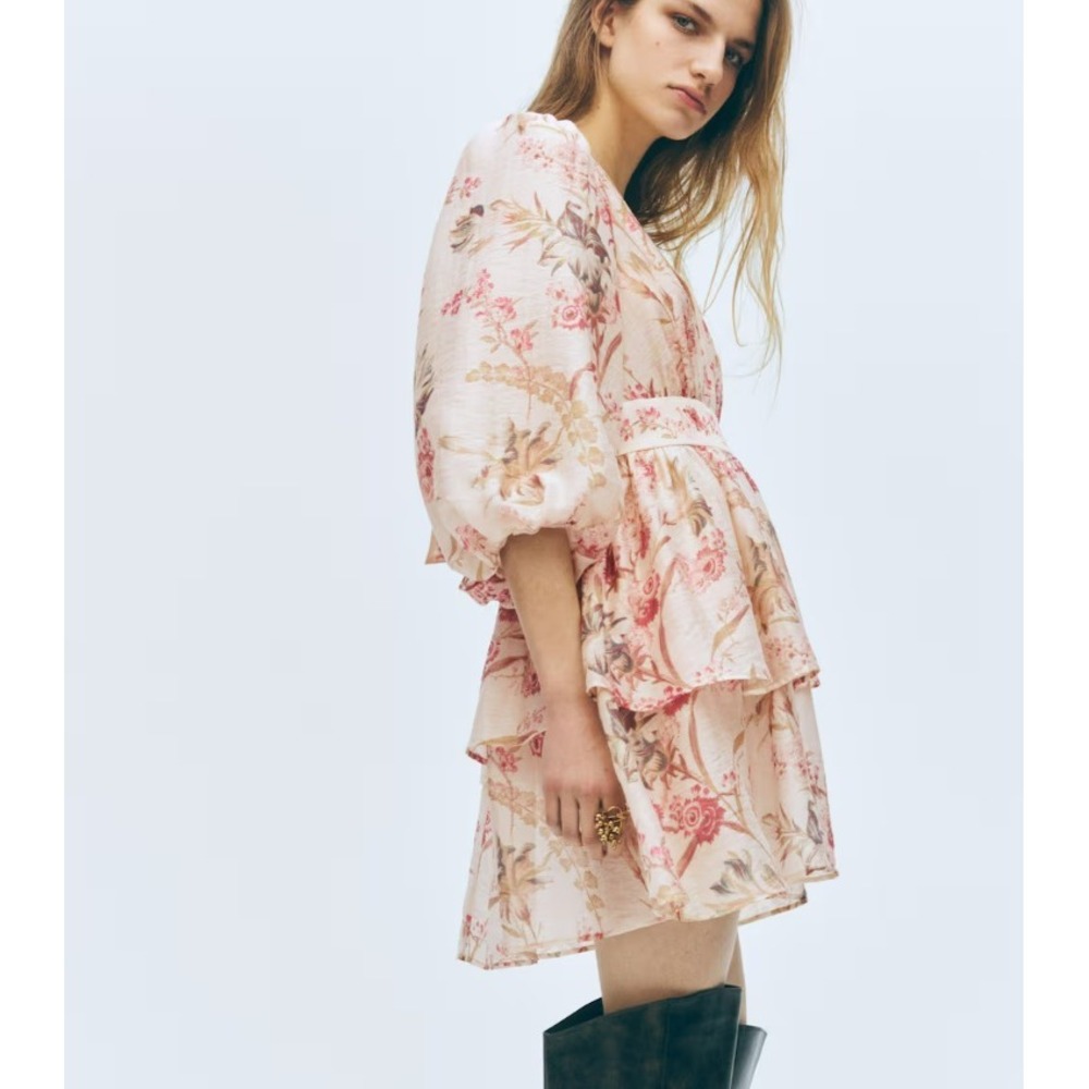 NWT H&M Mini Dress Linen Blend Floral Cottagecore Puff Sleeve Cream Pink size